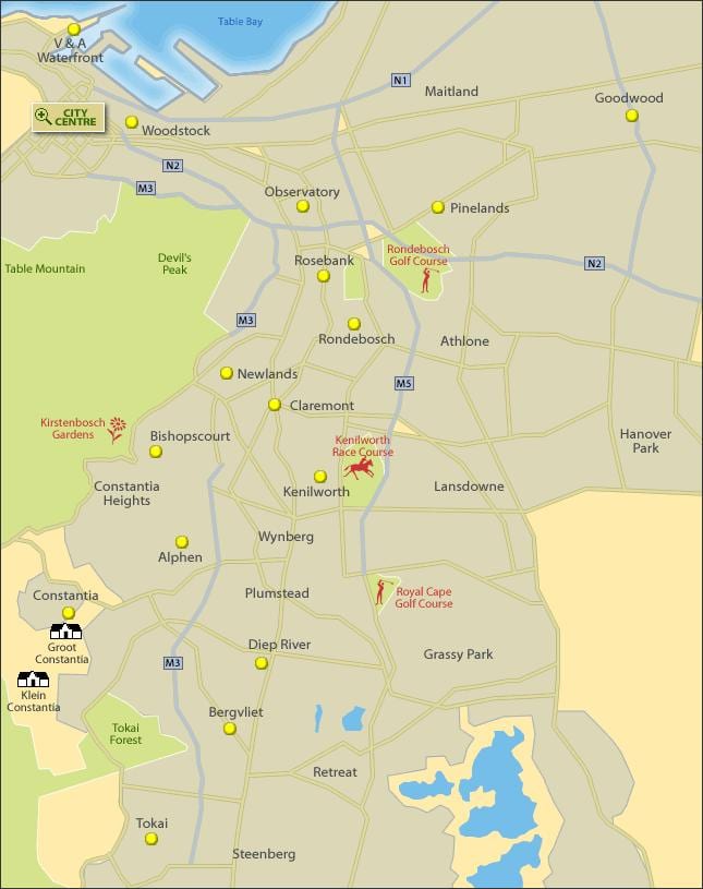 ಮ್ಯಾಪ್ ಆಫ್ ಕೇಪ್ ಟೌನ್, ದಕ್ಷಿಣ ಉಪನಗರಗಳಲ್ಲಿ