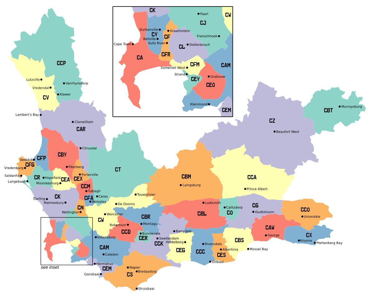 ನಕ್ಷೆ ಪಶ್ಚಿಮ ಕೇಪ್ ಉಪನಗರಗಳಲ್ಲಿ